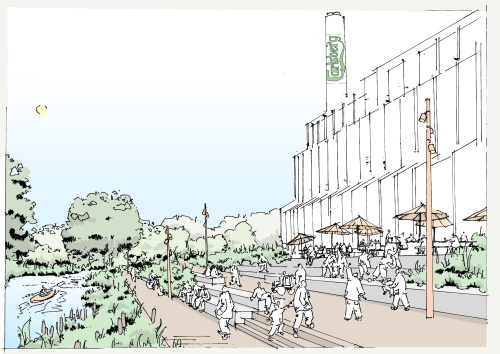 This image: An illustrative sketch showing how the waterside could become a riverside destination, outside the Carlsberg Brewery. 
					The map in this chapter highlights the River Nene and shows indicative connections between the river and the town centre.
					There are interactive map markers which show illustrative photographs and sketches of how these areas could look. The sketches are overlaid 
					with aerial images showing current site conditions for comparison.